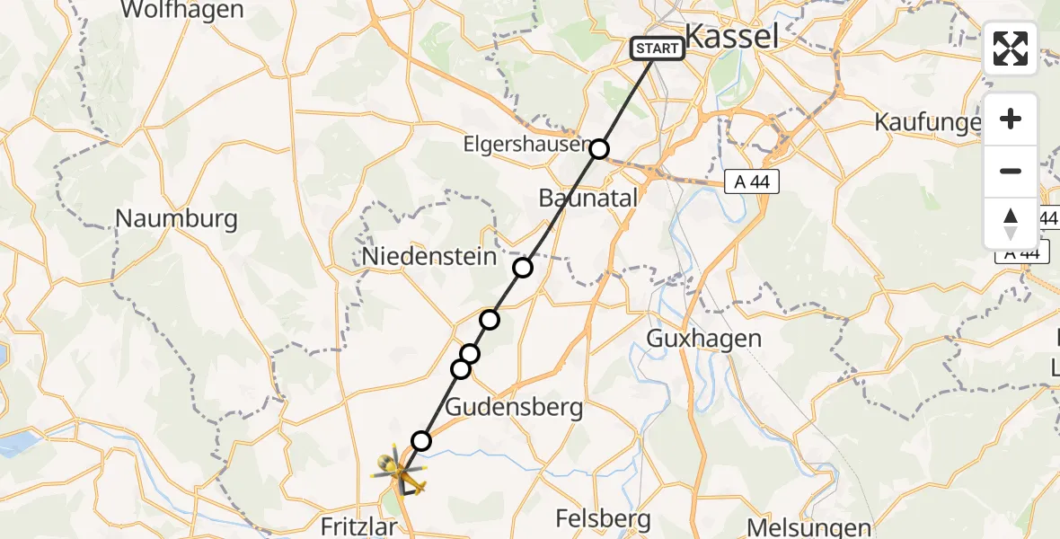 Flugroute Rettungshubschrauber Kassel - Fritzlar, 04 Juli 2026, 11:39