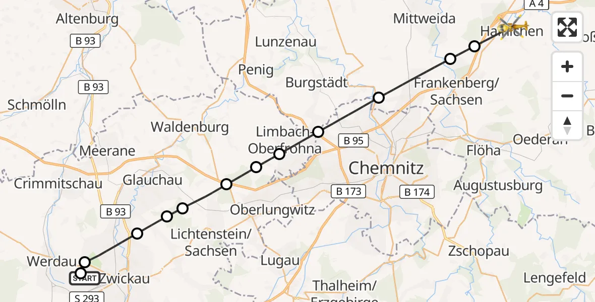 Flugroute Rettungshubschrauber ADAC Air Rescue Station Zwickau Hubschrauberlandeplatz - Hainichen, 04 Juli 2026, 11:41