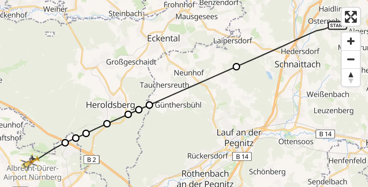 Flugroute Ambulanzhubschrauber Schnaittach - Flughafen Nuremberg, 04 Juli 2026, 11:49