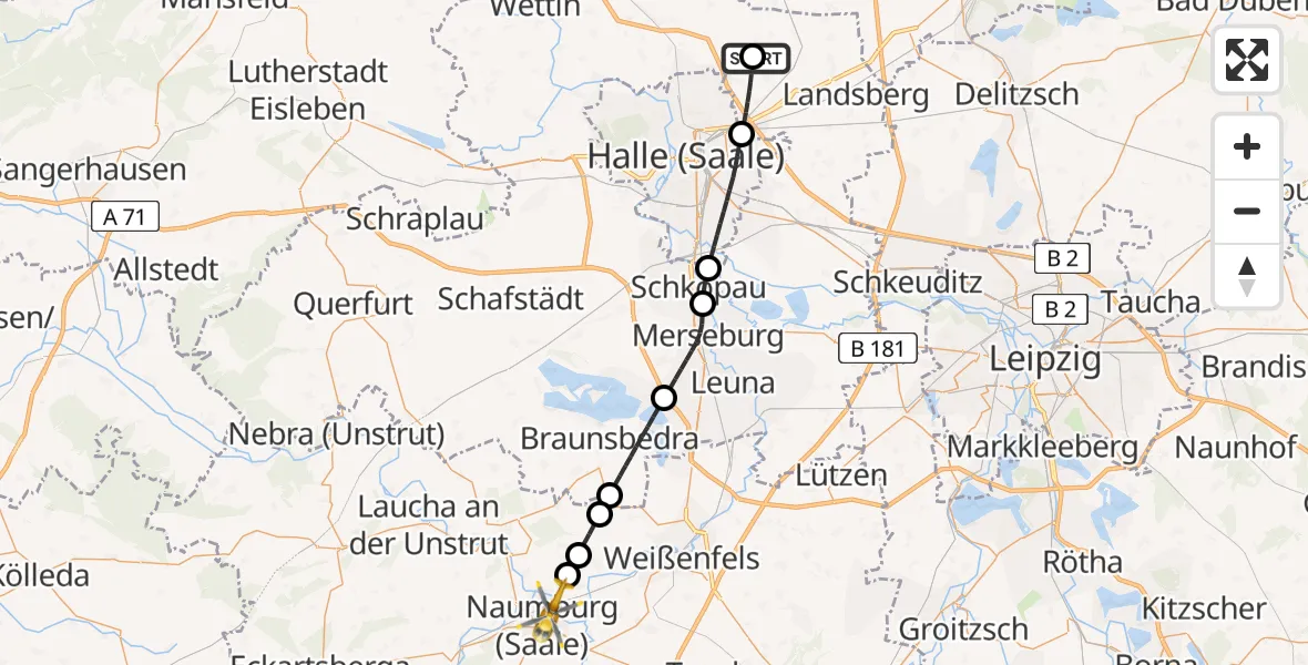 Flugroute Rettungshubschrauber Halle-Oppin Flugplatz - Naumburg (Saale), 04 Juli 2026, 11:53