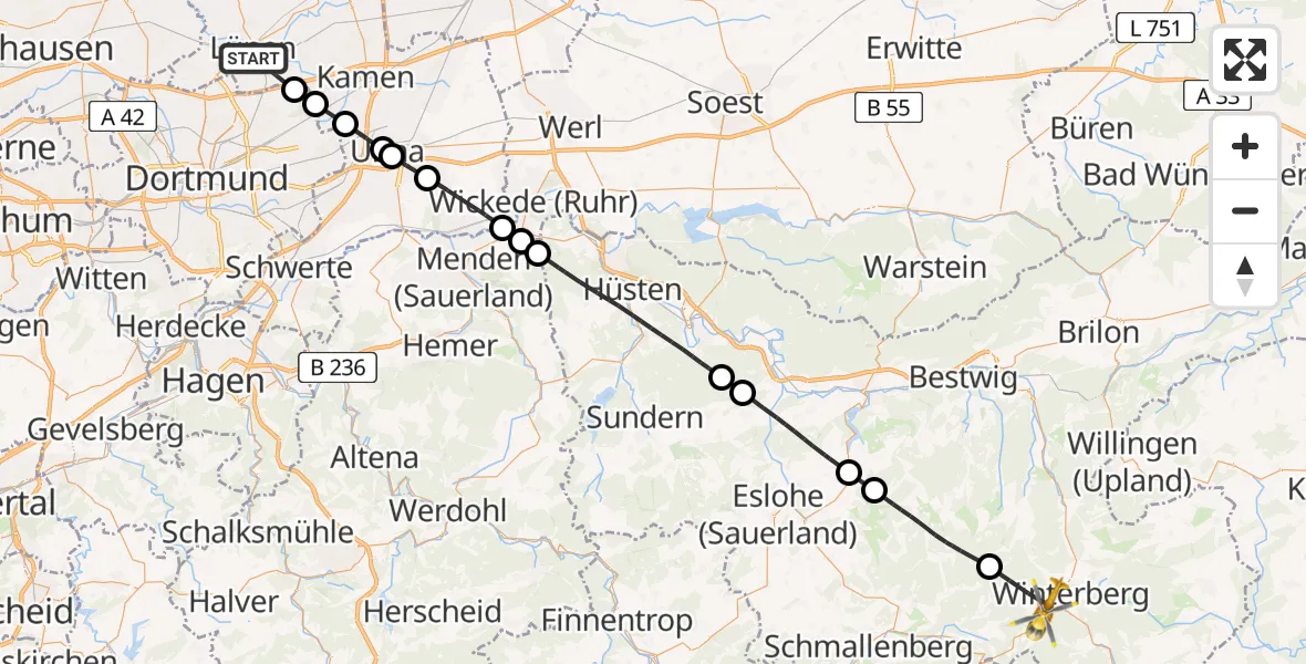 Flugroute Rettungshubschrauber Lünen - Winterberg, 04 Juli 2026, 11:57