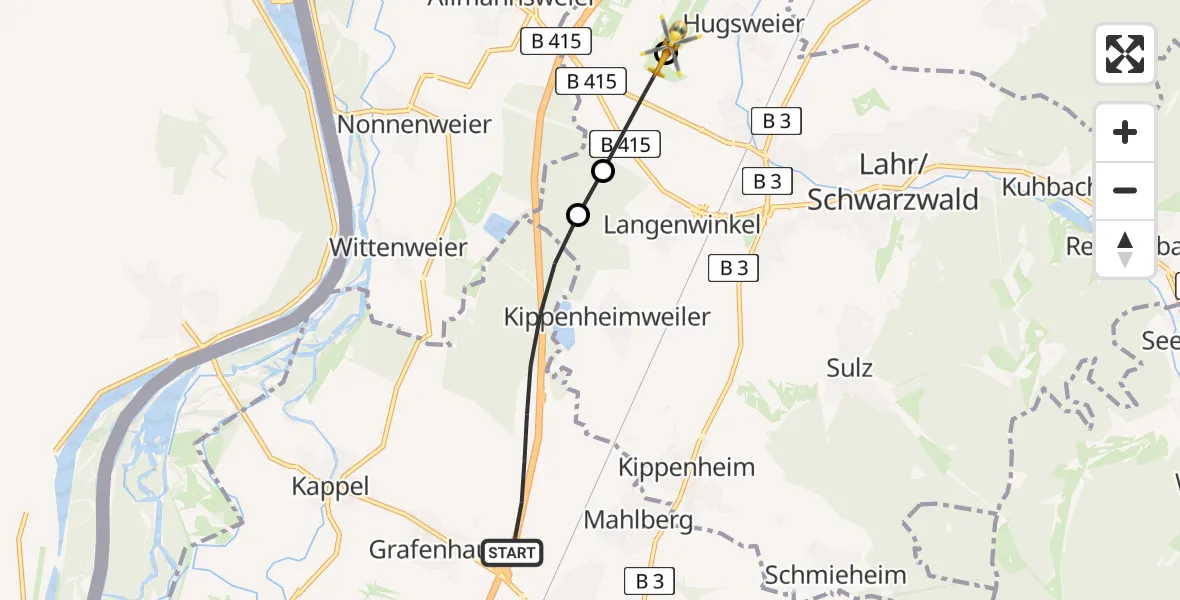 Flugroute Rettungshubschrauber Mahlberg - Lahr Flughafen, 04 Juli 2026, 11:59