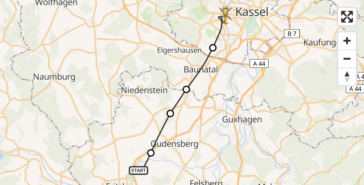 Flugroute Rettungshubschrauber Fritzlar - Kassel, 04 Juli 2026, 12:02