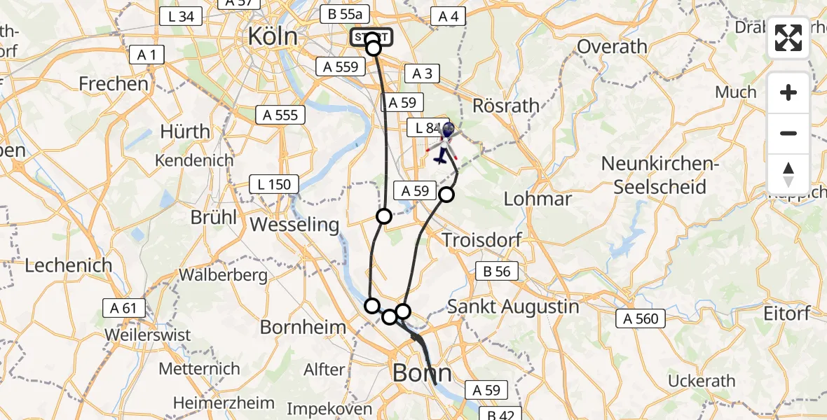 Flugroute Polizeihubschrauber Merheim Hospital - Köln Bonn Flughafen, 04 Juli 2026, 12:02