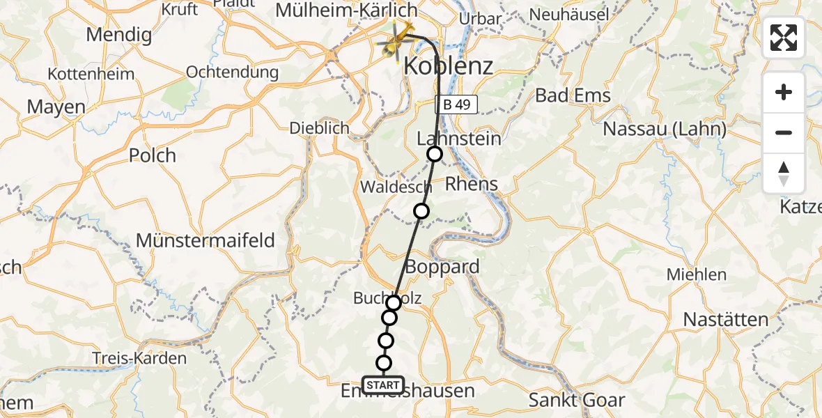 Flugroute Rettungshubschrauber Emmelshausen - Koblenz, 04 Juli 2026, 12:05