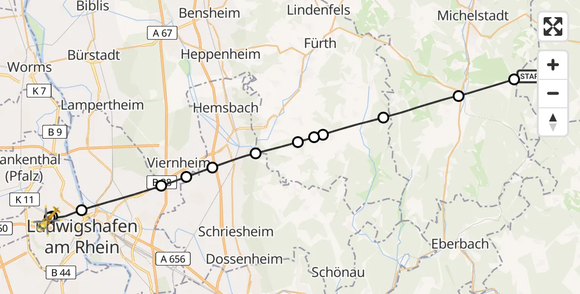 Flugroute Rettungshubschrauber Kirchzell - Ludwigshafen Accident Hospital, 04 Juli 2026, 12:07