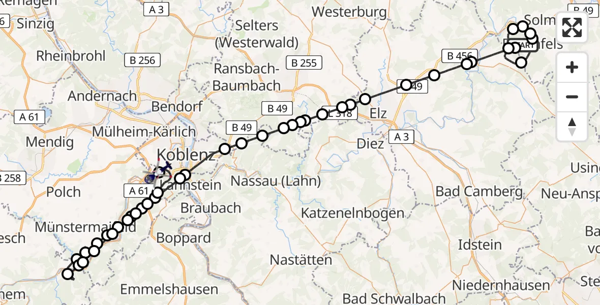 Flugroute Polizeihubschrauber Braunfels - Koblenz-Winningen Flugplatz, 04 Juli 2026, 12:09