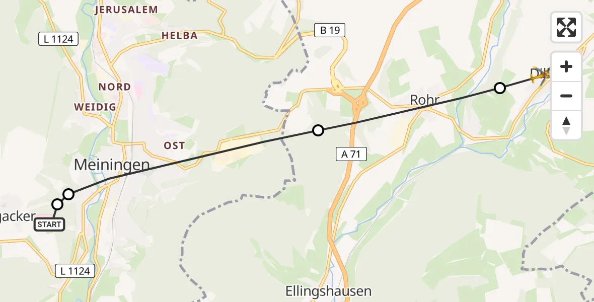 Flugroute Rettungshubschrauber Helios Clinic Meiningen - Dillstädt, 04 Juli 2026, 12:12