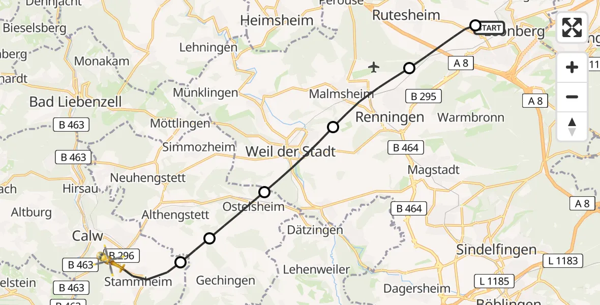 Flugroute Rettungshubschrauber Leonberg Hospital - Calw, 04 Juli 2026, 12:18