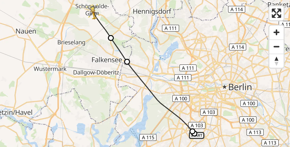 Flugroute Rettungshubschrauber Charité Clinic Benjamin Franklin Campus - Schönwalde-Glien, 04 Juli 2026, 12:21