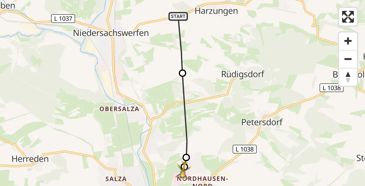 Flugroute Rettungshubschrauber Harztor - Südharz Hospital Nordhausen, 04 Juli 2026, 12:22