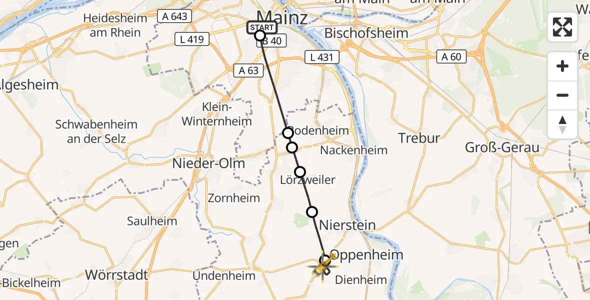 Flugroute Rettungshubschrauber Mainz University Hospital - Dexheim, 04 Juli 2026, 12:29