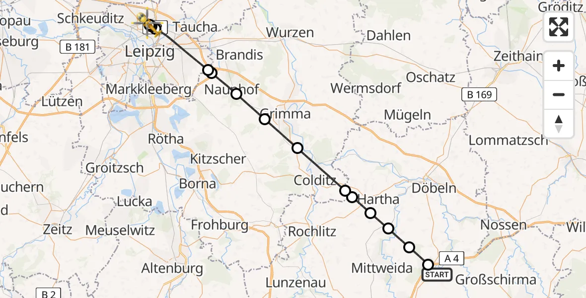Flugroute Rettungshubschrauber Hainichen - Sankt Georg Hospital Leipzig Reserve, 04 Juli 2026, 12:30