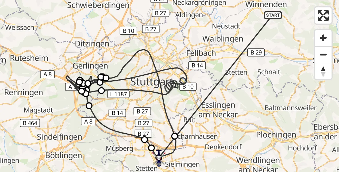 Flugroute Polizeihubschrauber Winnenden - Flughafen Stuttgart, 04 Juli 2026, 12:30