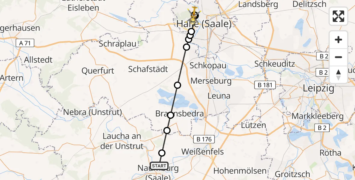 Flugroute Rettungshubschrauber Naumburg (Saale) - Halle (Saale) University Hospital, 04 Juli 2026, 12:33