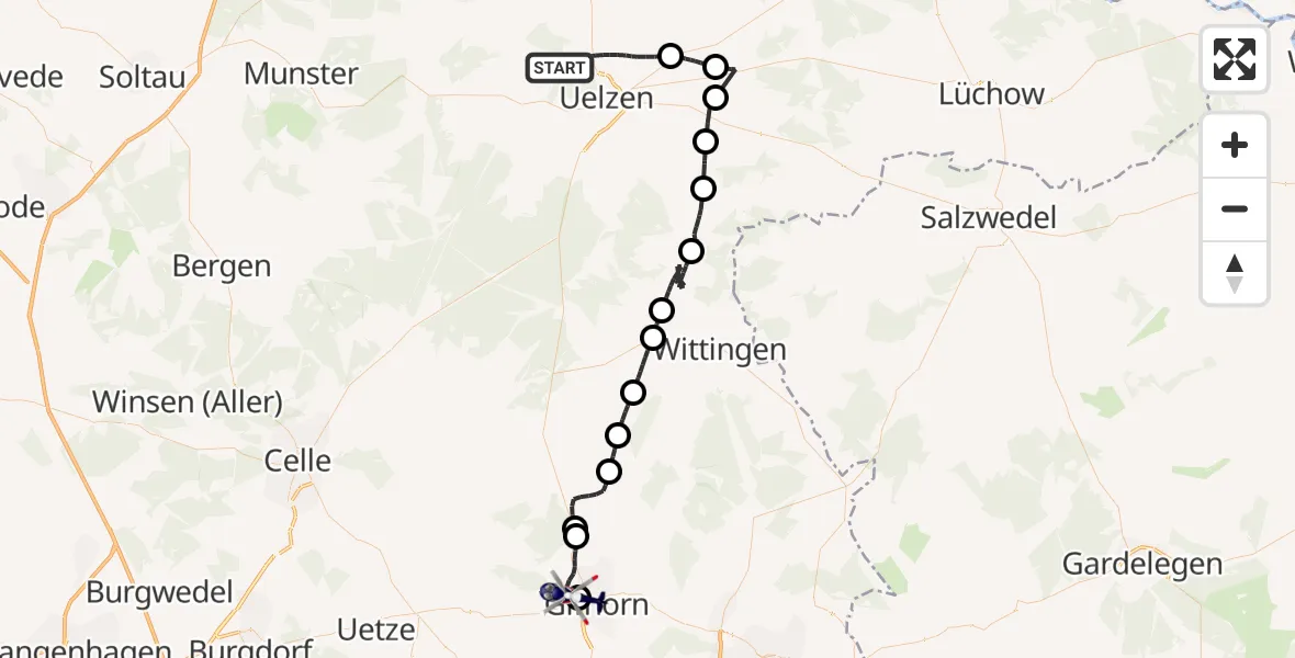 Flugroute Polizeihubschrauber Uelzen - Gifhorn Bundespolizei Hubschrauberlandeplatz, 04 Juli 2026, 12:37