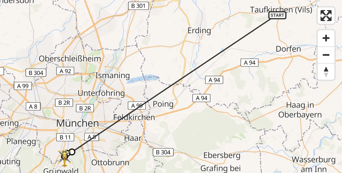 Flugroute Rettungshubschrauber Taufkirchen (Vils) - Pullach i.Isartal, 04 Juli 2026, 12:37