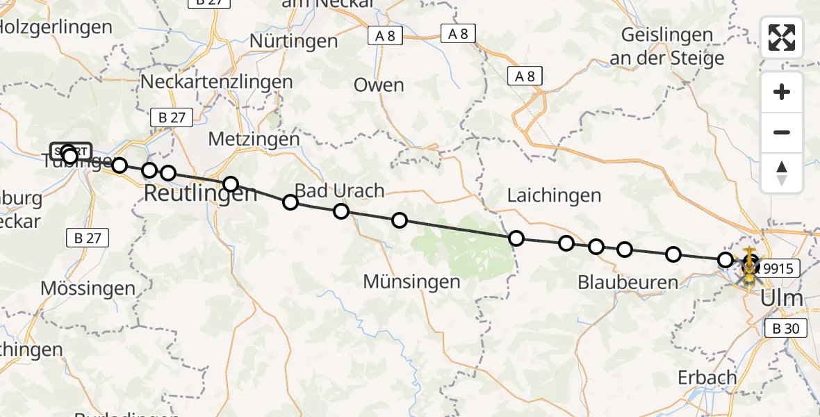 Flugroute Rettungshubschrauber Tübingen University Hospital - Ulm Military Hospital Emergency, 04 Juli 2026, 12:40