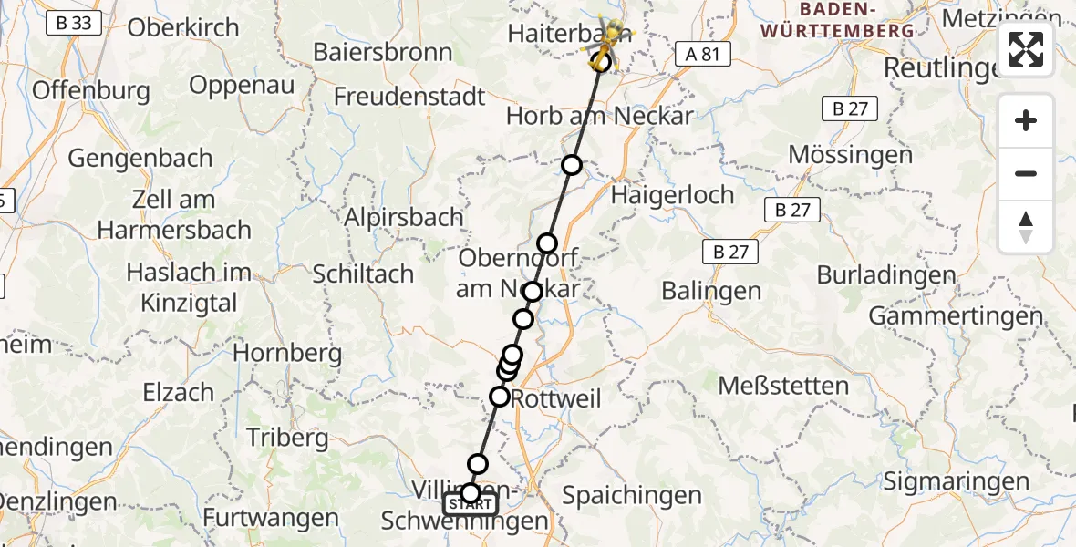 Flugroute Ambulanzhubschrauber DRF Air Rescue Station Villingen-Schwenningen Hubschrauberlandeplatz (Christoph 11) - Nagold, 04 Juli 2026, 12:41
