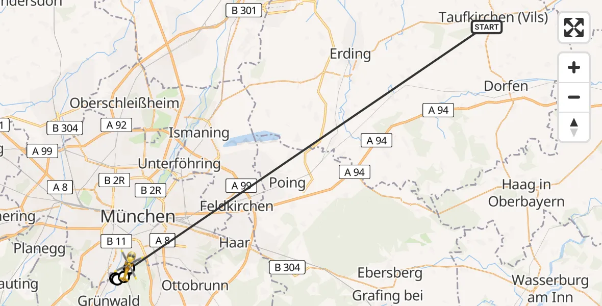 Flugroute Rettungshubschrauber Taufkirchen (Vils) - ADAC Air Rescue Center Hubschrauberlandeplatz (Christoph 1), 04 Juli 2026, 12:42