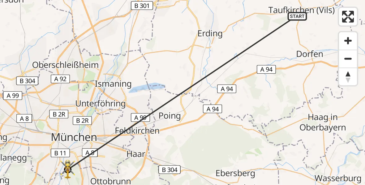 Flugroute Rettungshubschrauber Taufkirchen (Vils) - ADAC Air Rescue Center Hubschrauberlandeplatz (Christoph 1), 04 Juli 2026, 12:49