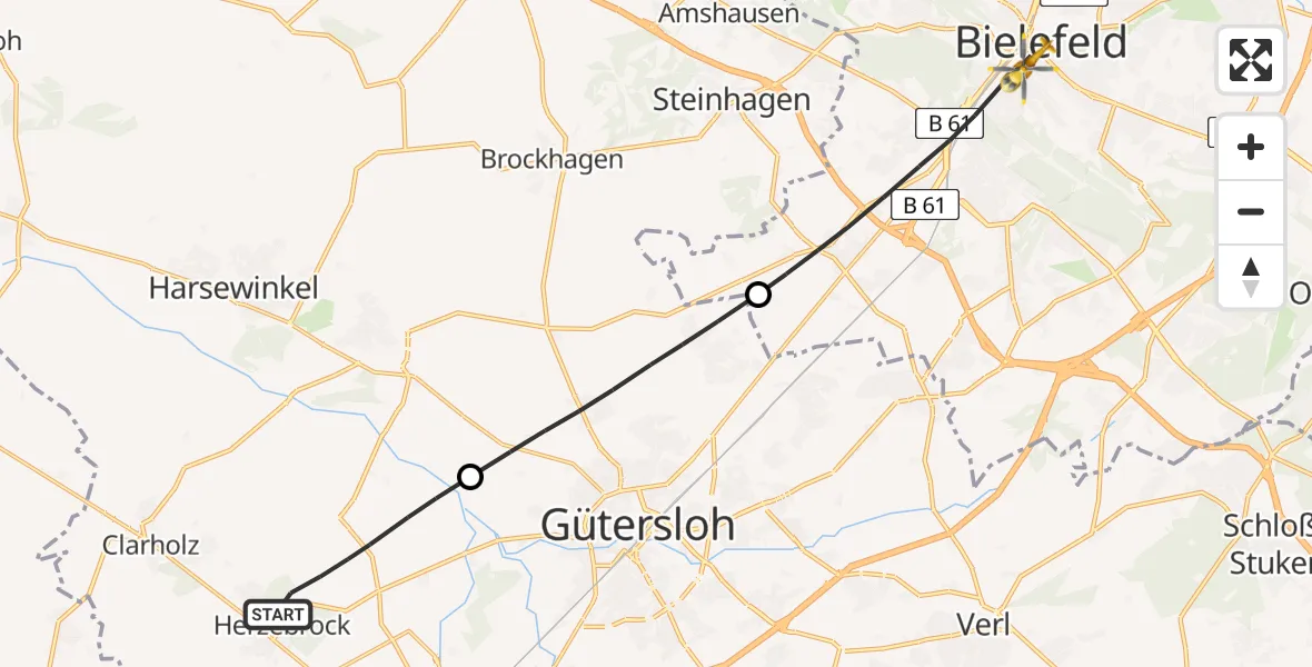Flugroute Rettungshubschrauber Herzebrock-Clarholz - Bielefeld, 04 Juli 2026, 12:50