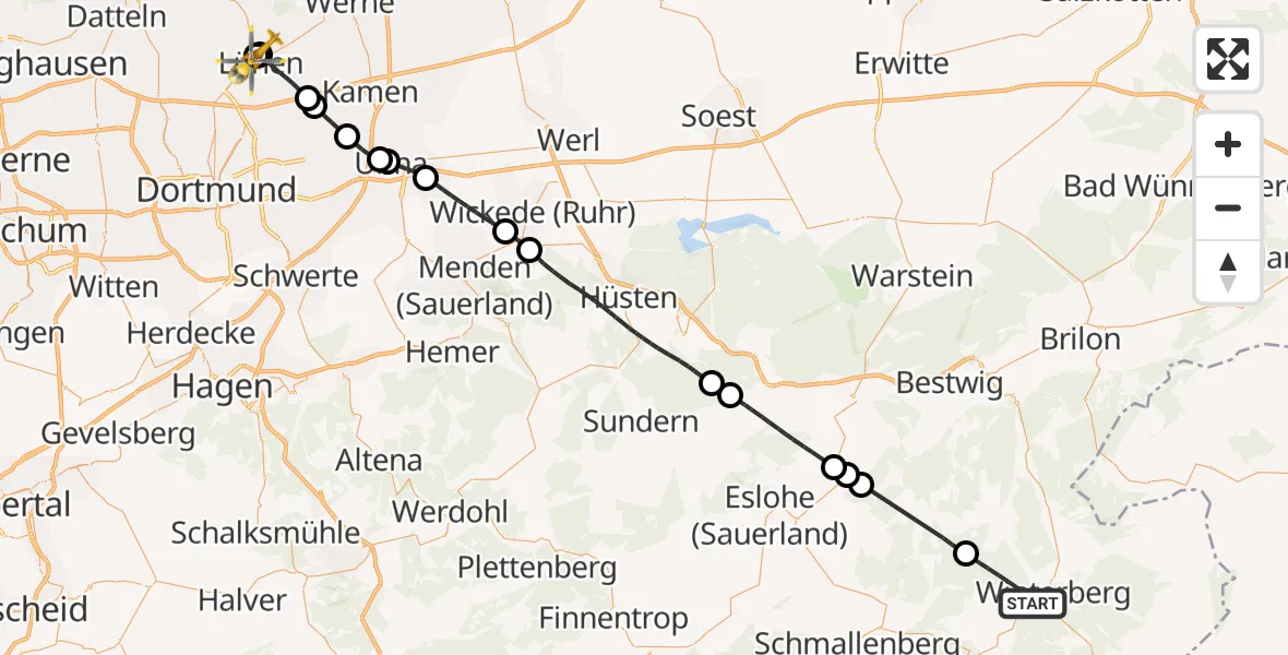 Flugroute Rettungshubschrauber Winterberg - Sankt Marien Hospital, 04 Juli 2026, 12:51
