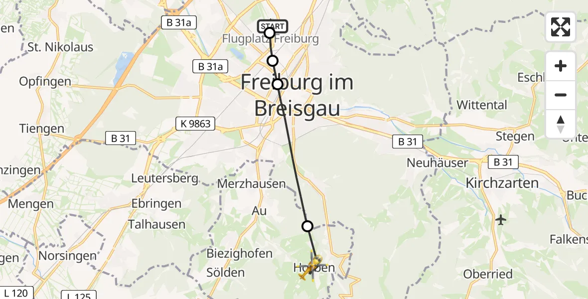 Flugroute Rettungshubschrauber Freiburg im Breisgau Flugplatz - Horben, 04 Juli 2026, 12:51