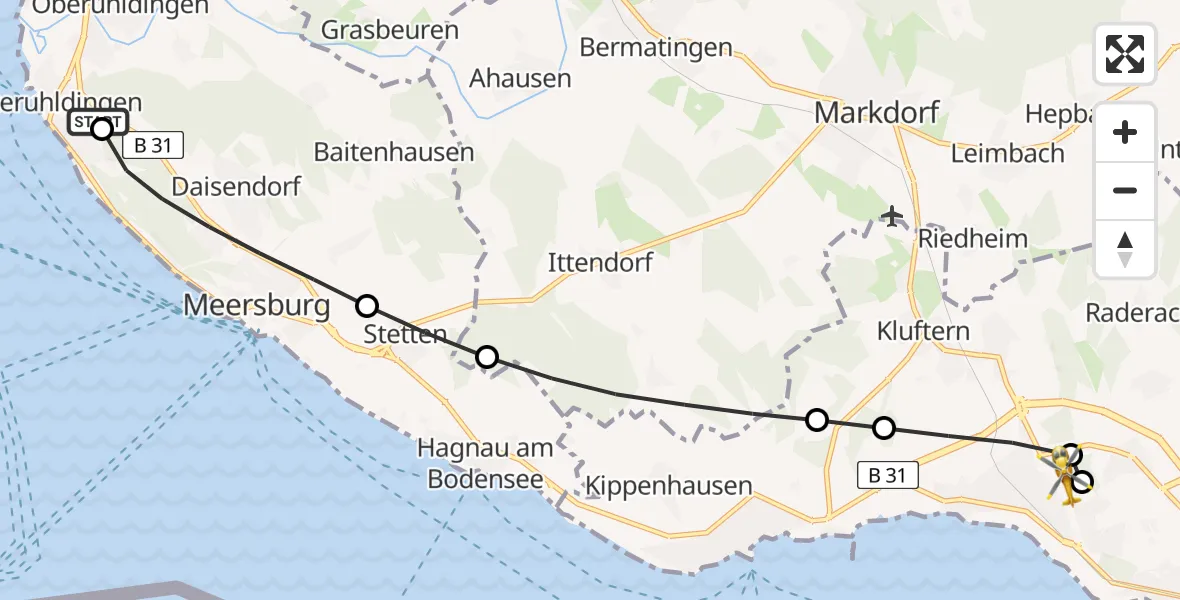 Flugroute Rettungshubschrauber Uhldingen-Mühlhofen - Friedrichshafen Hospital, 04 Juli 2026, 12:55
