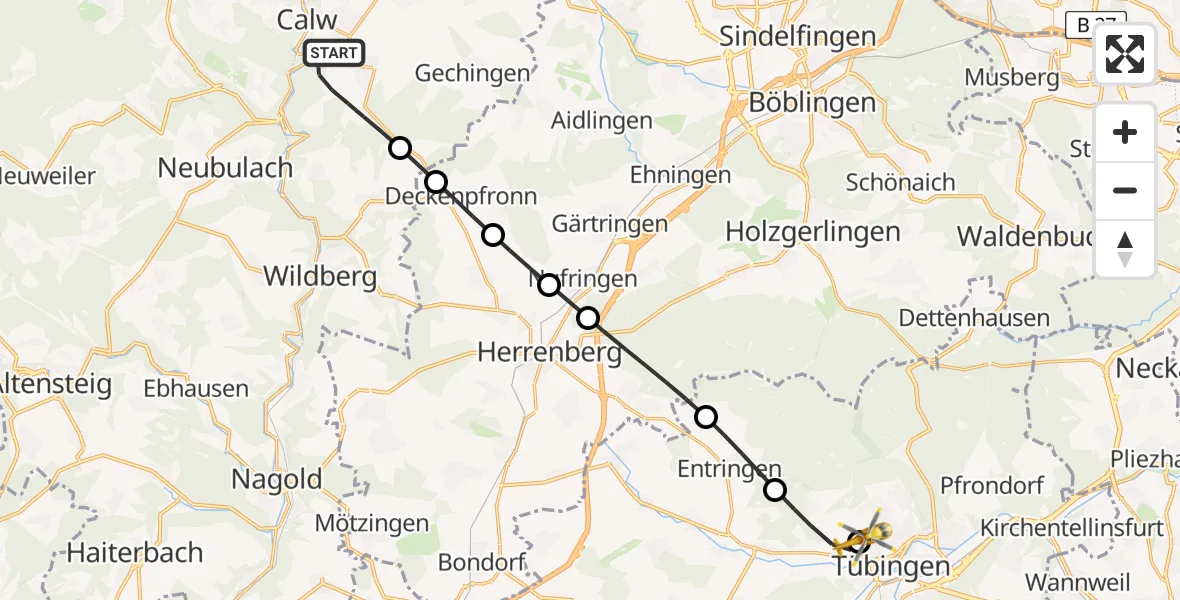 Flugroute Rettungshubschrauber Calw - Tübingen University Hospital, 04 Juli 2026, 13:00