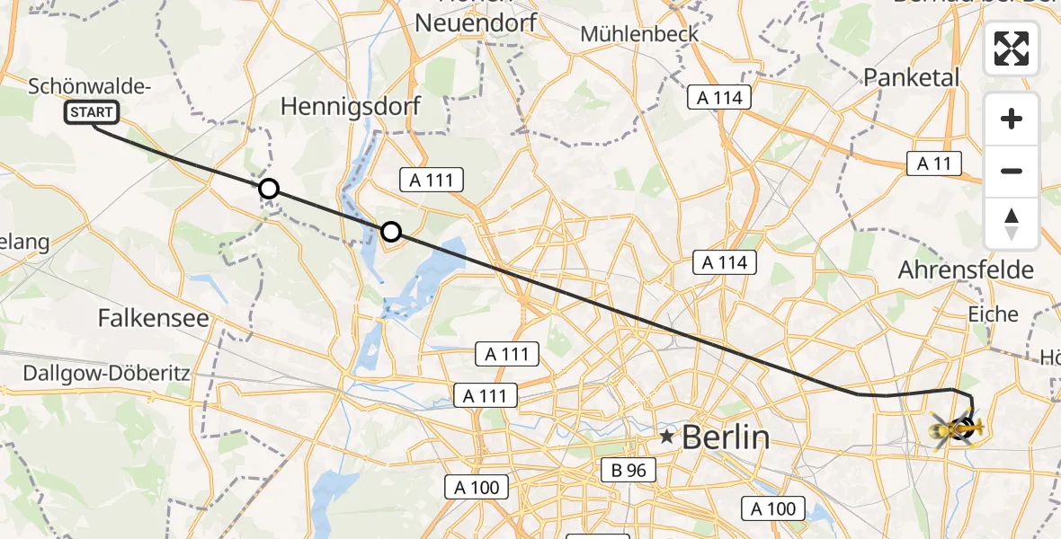 Flugroute Rettungshubschrauber Schönwalde-Glien - Berlin Emergency Hospital, 04 Juli 2026, 13:02