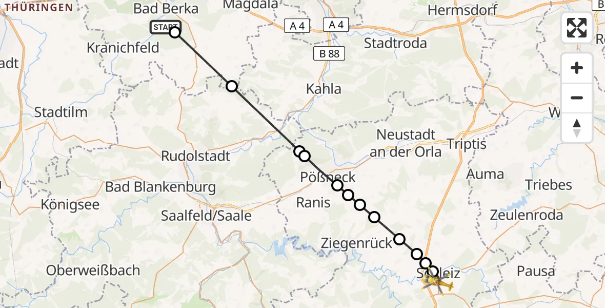 Flugroute Ambulanzhubschrauber Bad Berka - Schleiz, 04 Juli 2026, 13:02