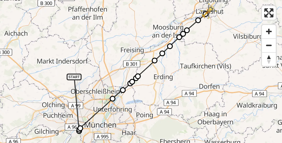 Flugroute Rettungshubschrauber Röhrmoos - Landshut, 04 Juli 2026, 13:15