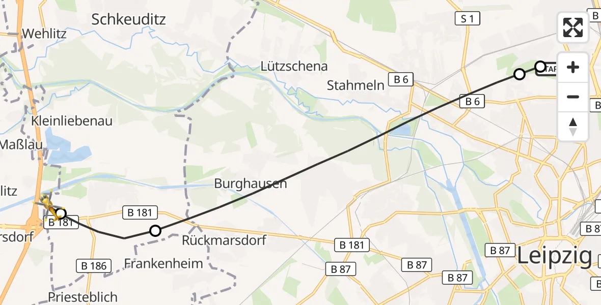 Flugroute Rettungshubschrauber Sankt Georg Hospital Leipzig Reserve - ADAC Air Rescue Station Leipzig/Schkeuditz-Dölzig Hubschrauberlandeplatz (Christoph 61), 04 Juli 2026, 13:18