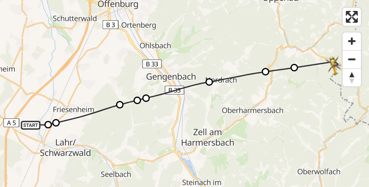 Flugroute Rettungshubschrauber Lahr Flughafen - Bad Peterstal-Griesbach, 04 Juli 2026, 13:19