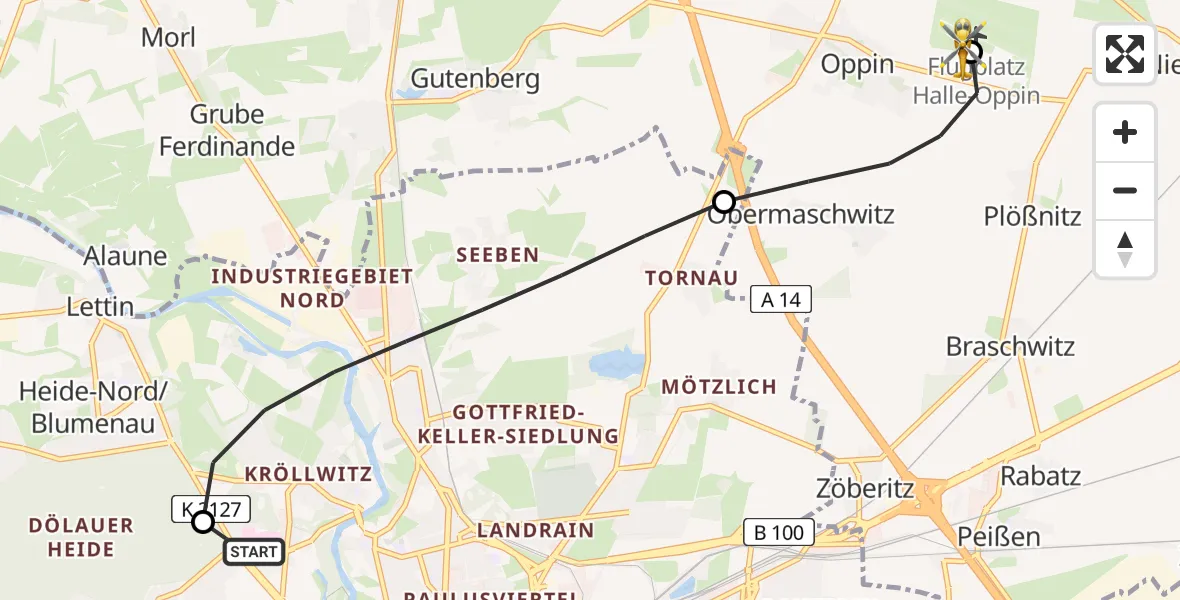 Flugroute Rettungshubschrauber Halle (Saale) University Hospital - Halle-Oppin Flugplatz, 04 Juli 2026, 13:20