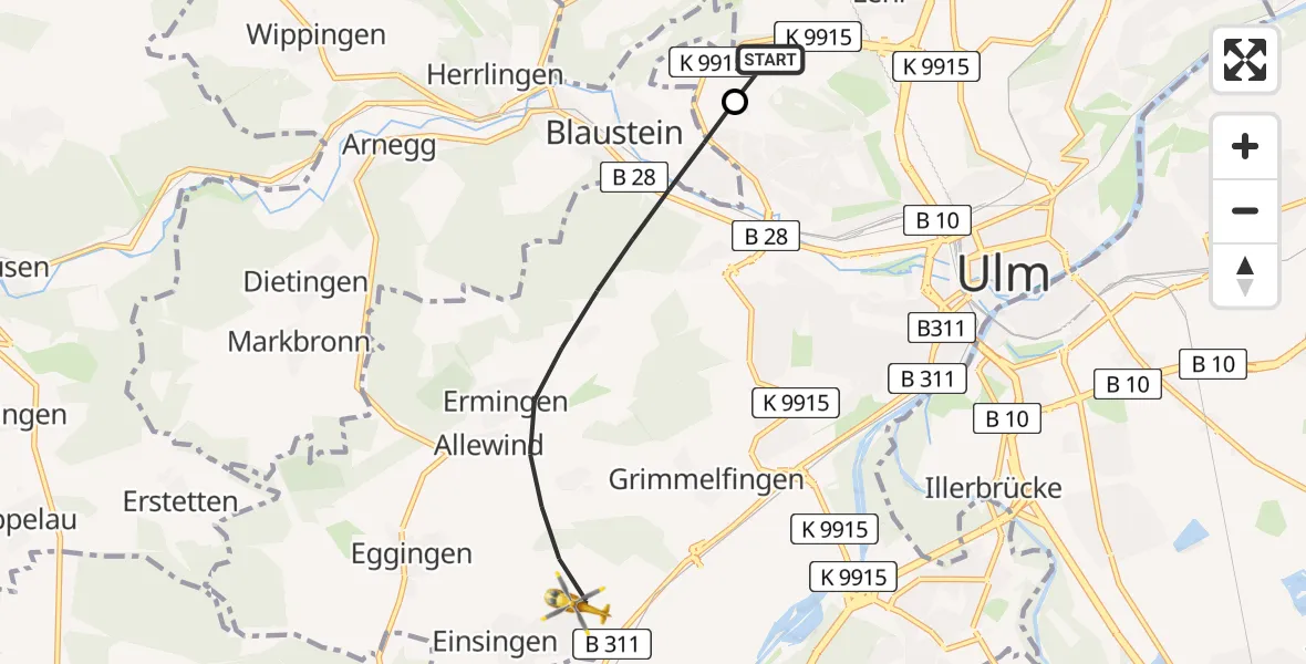 Flugroute Rettungshubschrauber Ulm Military Hospital Emergency - Ulm, 04 Juli 2026, 13:20