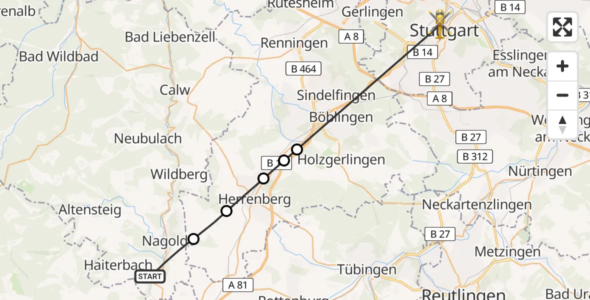 Flugroute Ambulanzhubschrauber Nagold - Stuttgart, 04 Juli 2026, 13:27