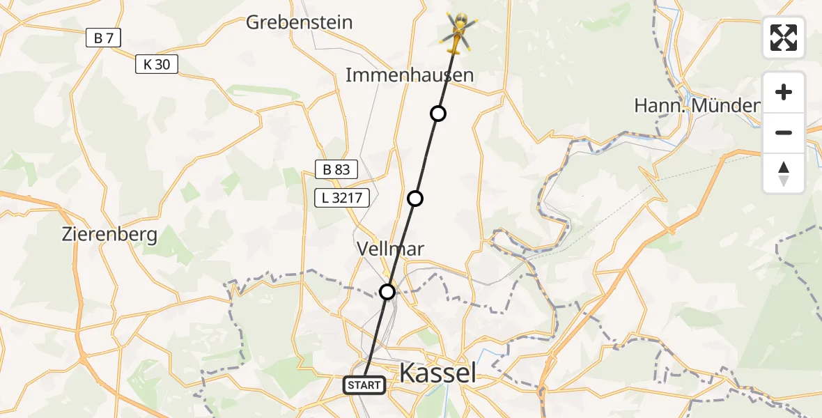 Flugroute Rettungshubschrauber Kassel - Immenhausen, 04 Juli 2026, 13:28