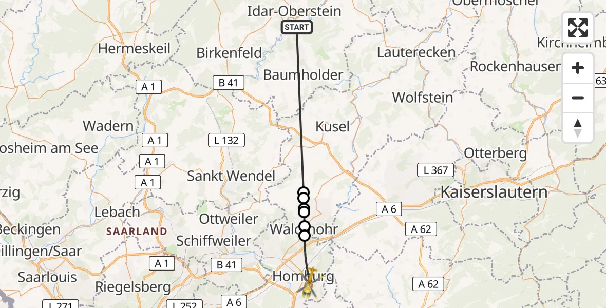 Flugroute Rettungshubschrauber Idar-Oberstein - Homburg, 04 Juli 2026, 13:33