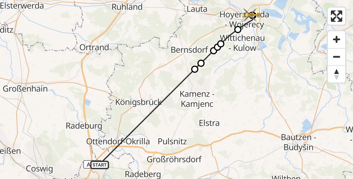 Flugroute Rettungshubschrauber Dresden Bundespolizei Hubschrauberlandeplatz - Lausitzer Seenland Hospital, 04 Juli 2026, 13:33