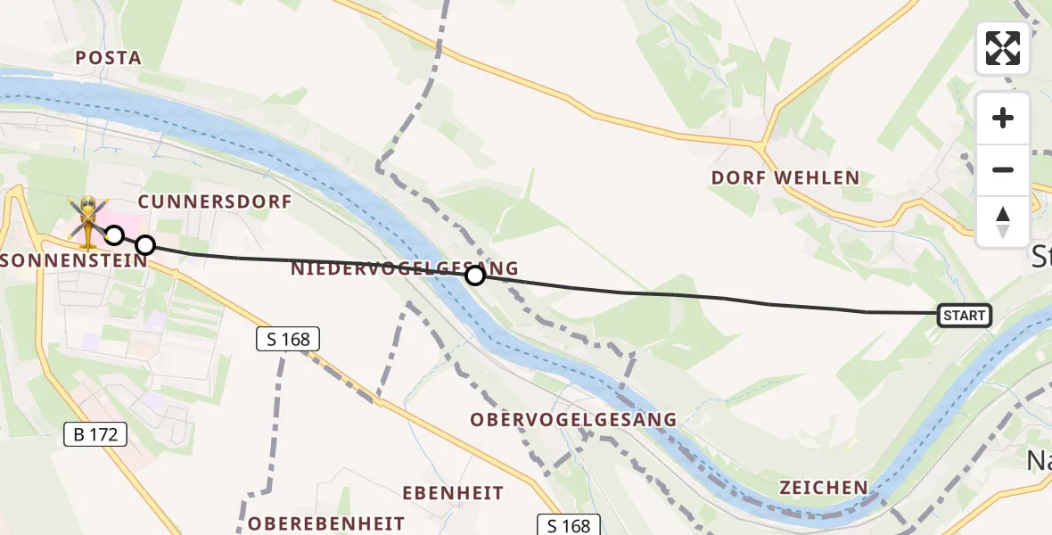 Flugroute Rettungshubschrauber Stadt Wehlen - Pirna Hospital, 04 Juli 2026, 13:41