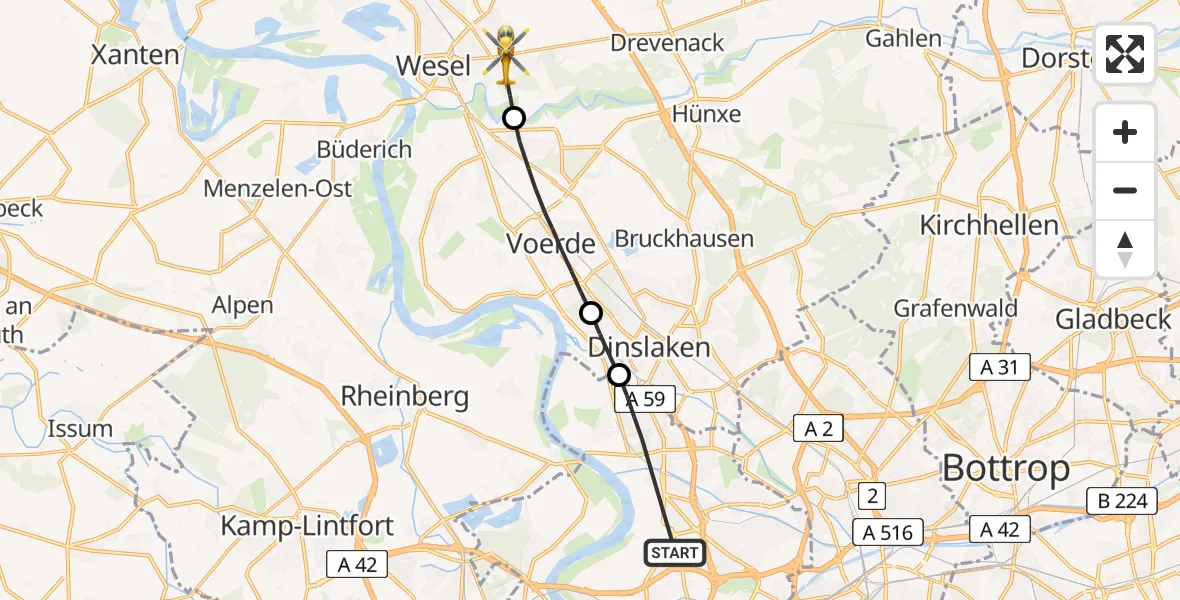 Flugroute Rettungshubschrauber Duisburg - Wesel, 04 Juli 2026, 13:41