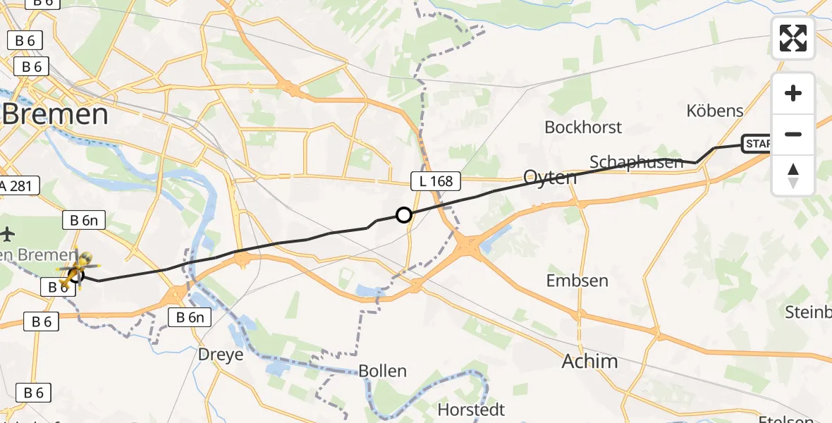 Flugroute Rettungshubschrauber Oyten - ADAC Air Rescue Station Bremen Hubschrauberlandeplatz (Christoph 6), 04 Juli 2026, 13:41