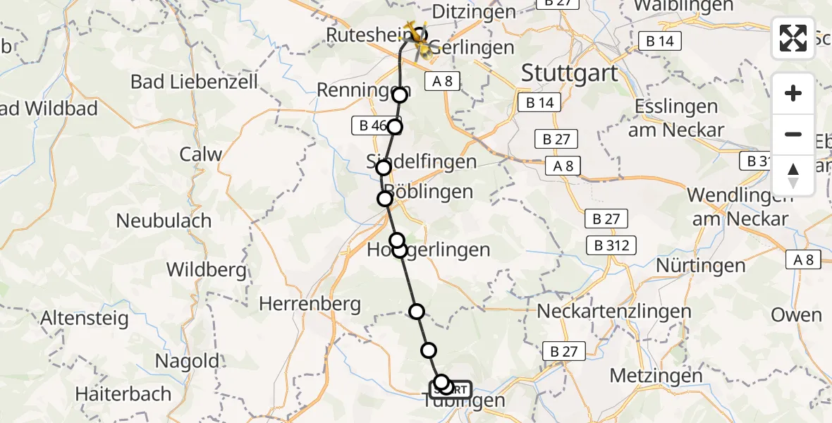 Flugroute Rettungshubschrauber Tübingen University Hospital - Leonberg Hospital, 04 Juli 2026, 13:43
