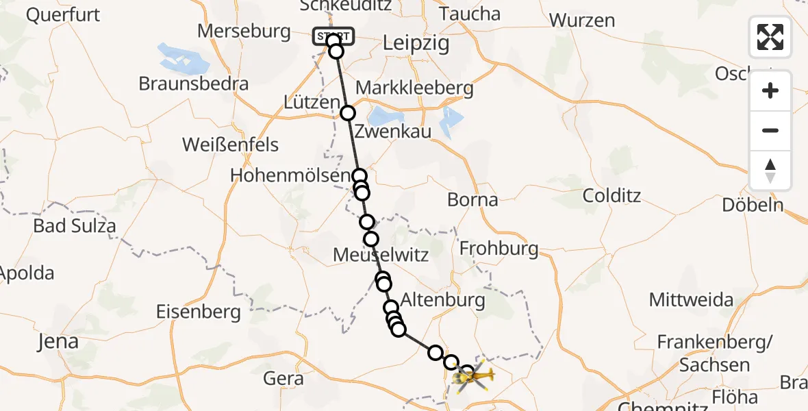 Flugroute Rettungshubschrauber ADAC Air Rescue Station Leipzig/Schkeuditz-Dölzig Hubschrauberlandeplatz (Christoph 61) - Schönberg, 04 Juli 2026, 13:44