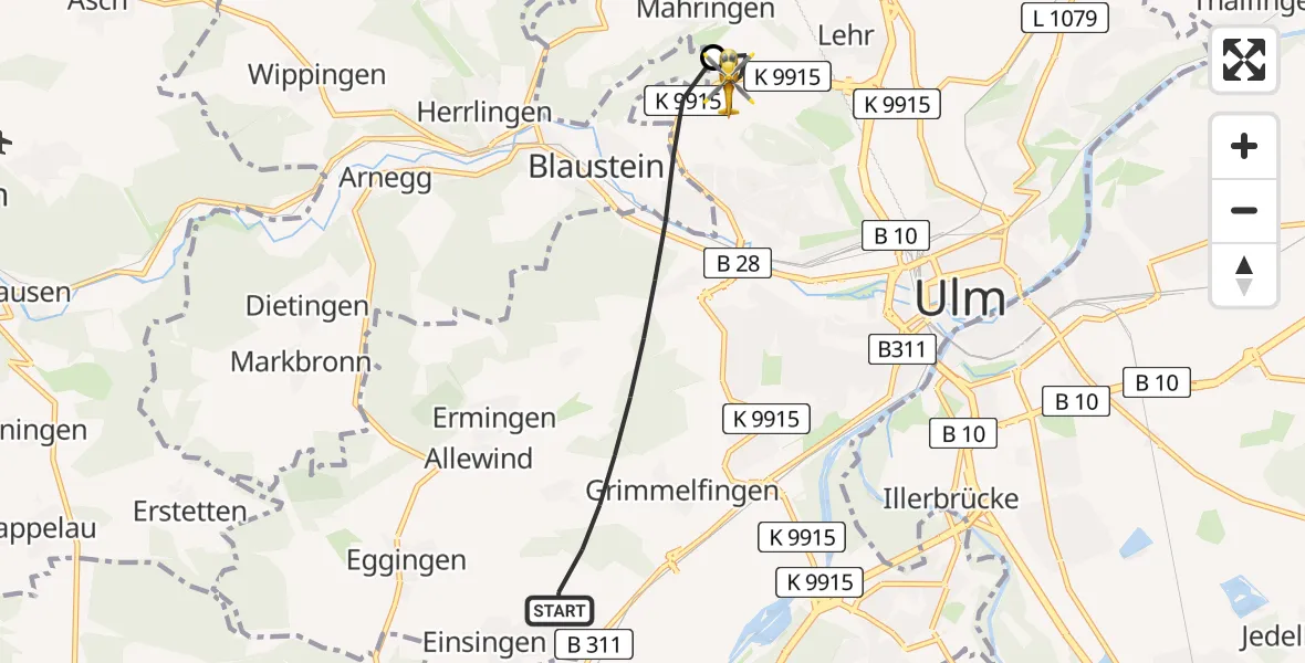 Flugroute Rettungshubschrauber Ulm - ADAC Air Rescue Station Ulm (Christoph 22), 04 Juli 2026, 13:49