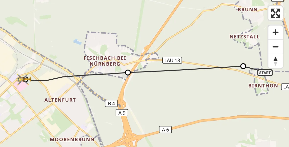 Flugroute Ambulanzhubschrauber Nürnberg - Nürnberg South Hospital, 04 Juli 2026, 13:49