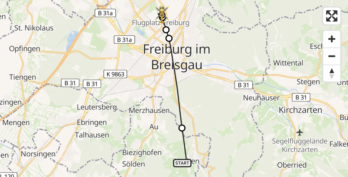 Flugroute Rettungshubschrauber Horben - Freiburg im Breisgau Flugplatz, 04 Juli 2026, 13:50