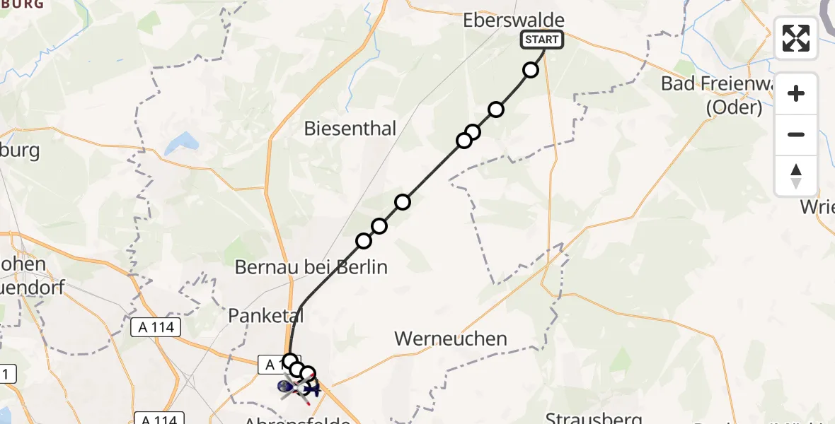 Flugroute Polizeihubschrauber Eberswalde - Ahrensfelde Hubschrauberlandeplatz, 04 Juli 2026, 13:54